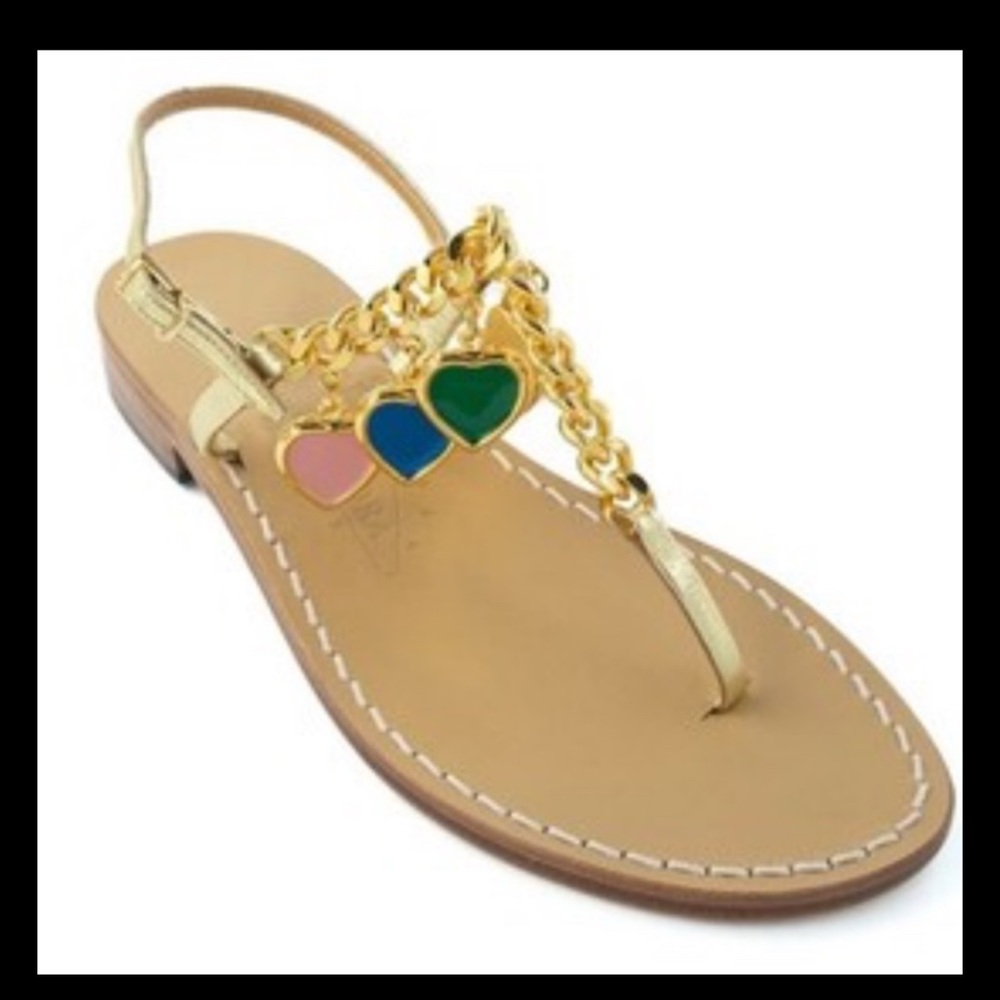 Amedeo Canfora Enamel Heart Gold Leather Ankle Strap Sandals Size 7 Italy